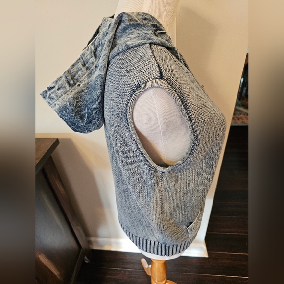 North Style Size MED• Vintage Full Zip Hooded Knit Denim Mixed Media Vest Unique - Picture 3 of 11